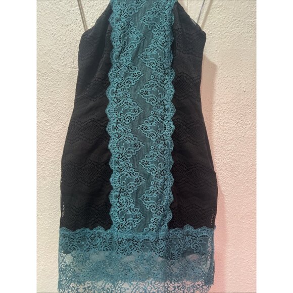 FREE PEOPLE ~X Small ~ Teal & Black Lace NATASHA Bodycon High Neck Dress - Picture 2 of 16